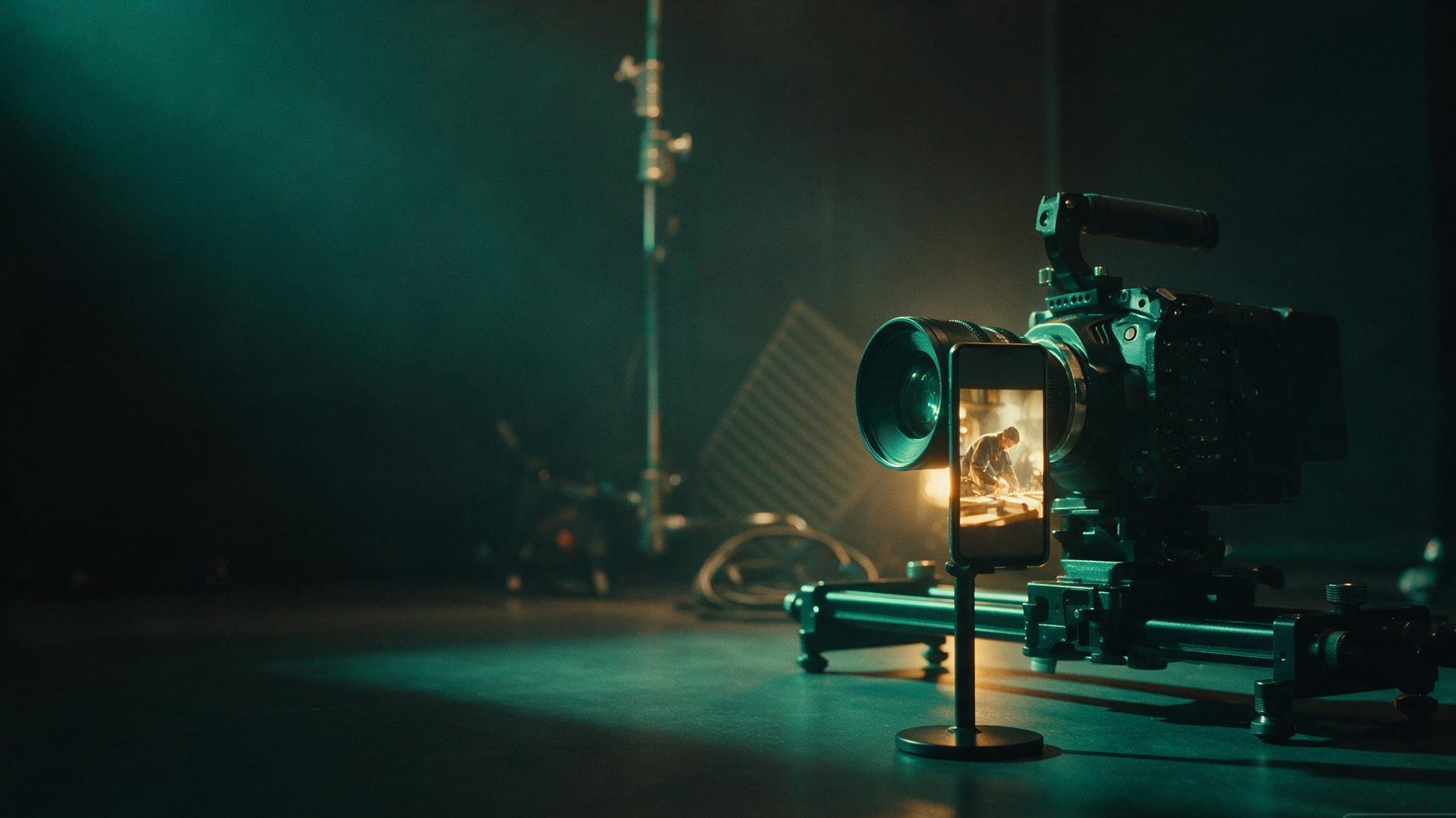 A cinema camera on a slider rig framing a vertical phone screen playing a clip of a tradesperson at work